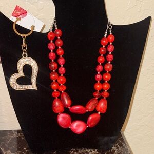 Elegant Red Beaded Necklace with Heart Keychain